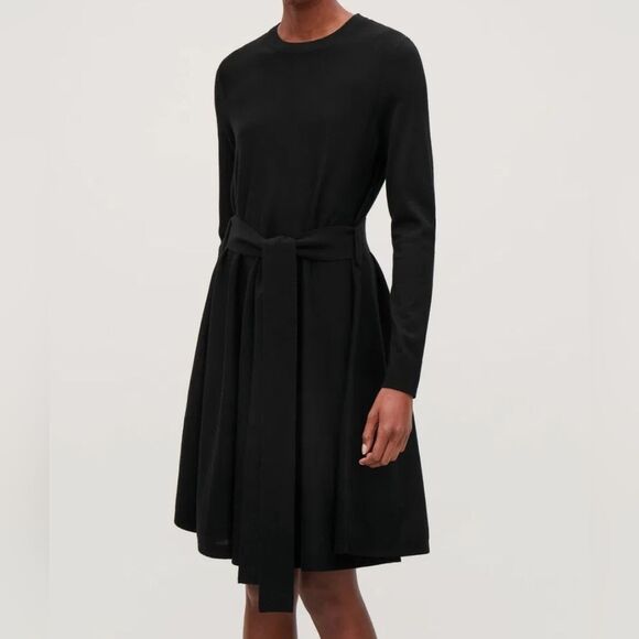 COS Minimalist A-Line Black 💯 Merino-Wool Knit Dress M Long Sleeves - Picture 5 of 15